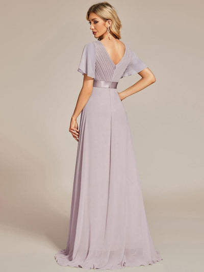 Long Empire Waist Bridesmaid Dress with Short Flutter Sleeves #color_Lilac