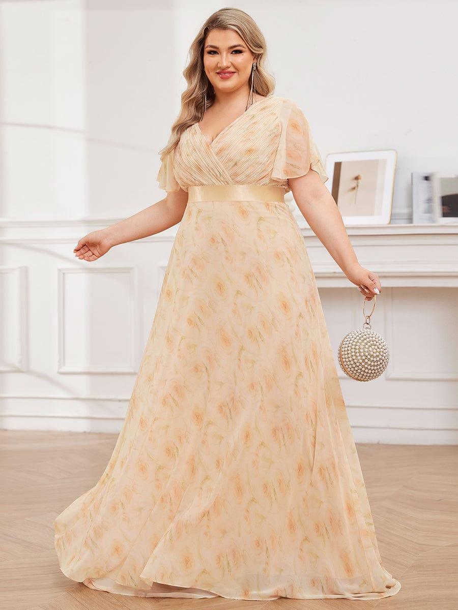 Plus Size Long Empire Waist Bridesmaid Dress with Short Flutter Sleeves #color_Golden Roses
