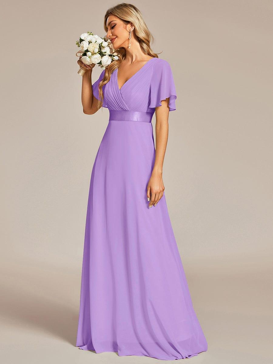 Long Empire Waist Bridesmaid Dress with Short Flutter Sleeves #color_Lavender