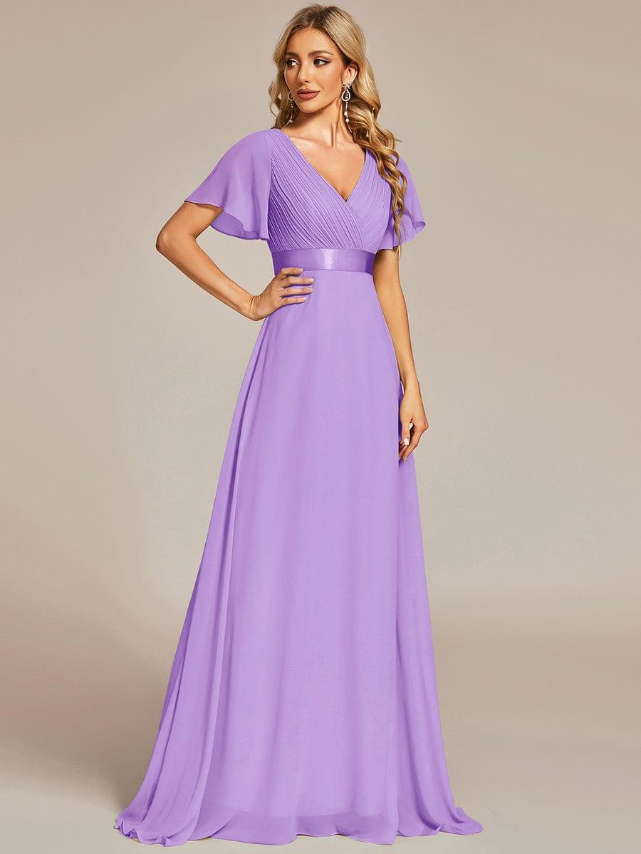 Empire Waist Floor Length Bridesmaid Dress with Short Flutter Sleeves #color_Lavender