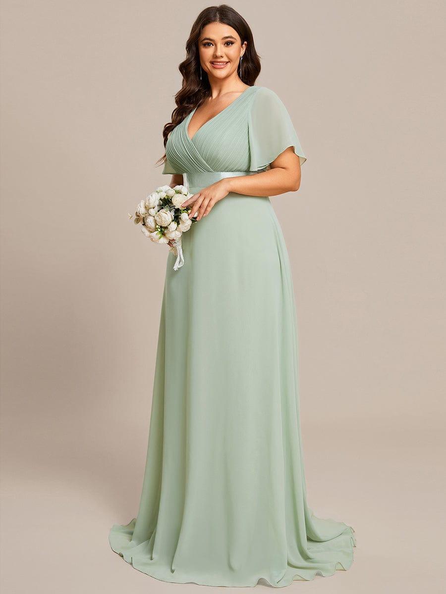 Long Empire Waist Bridesmaid Dress with Short Flutter Sleeves #color_Mint Green