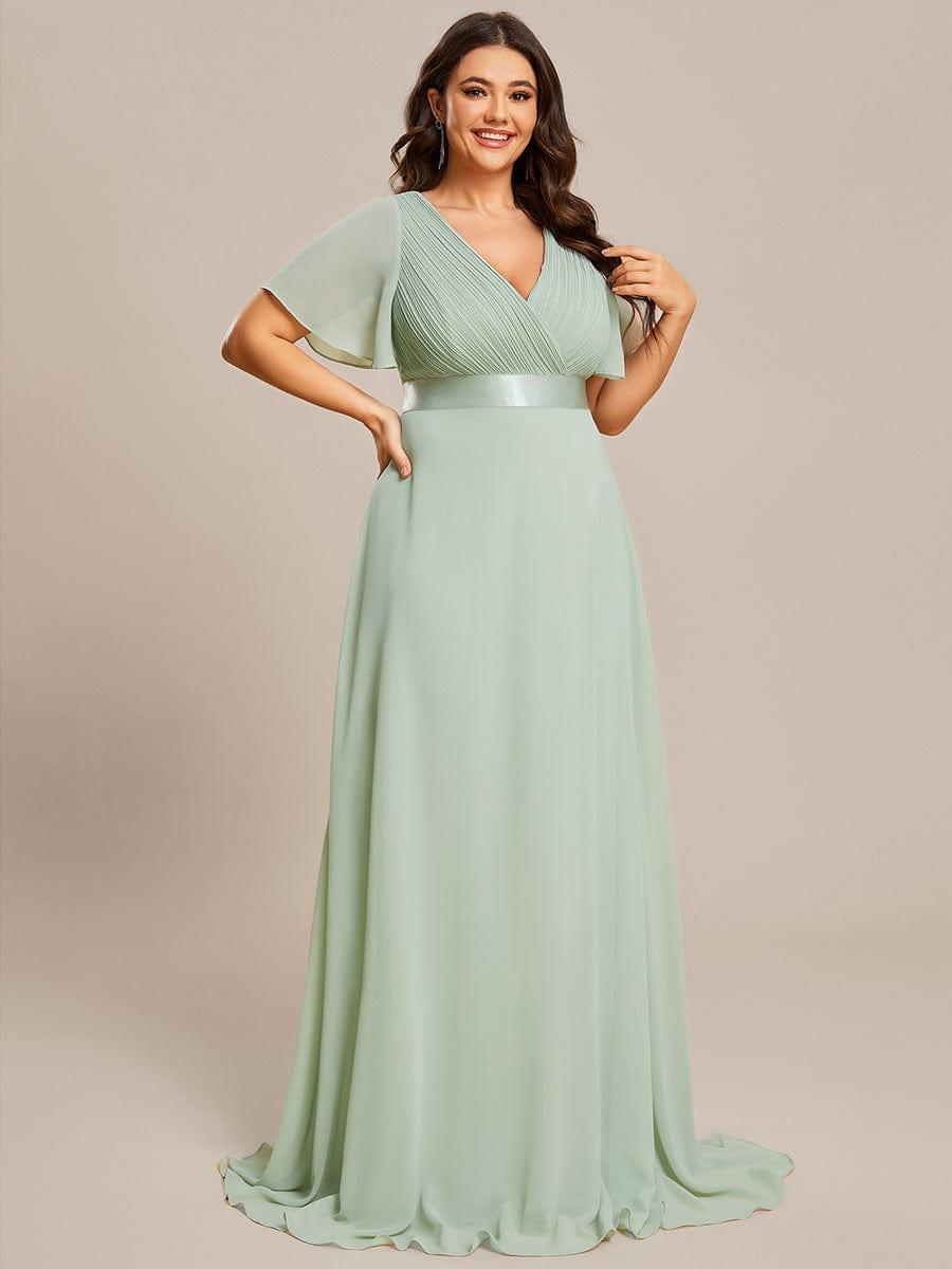 Empire Waist Floor Length Bridesmaid Dress with Short Flutter Sleeves #color_Mint Green