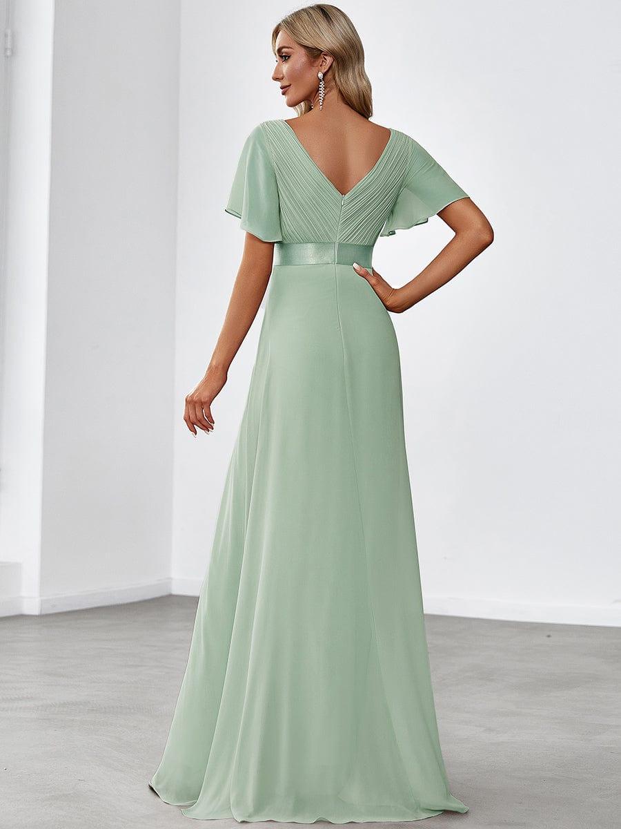 Long Empire Waist Bridesmaid Dress with Short Flutter Sleeves #color_Mint Green