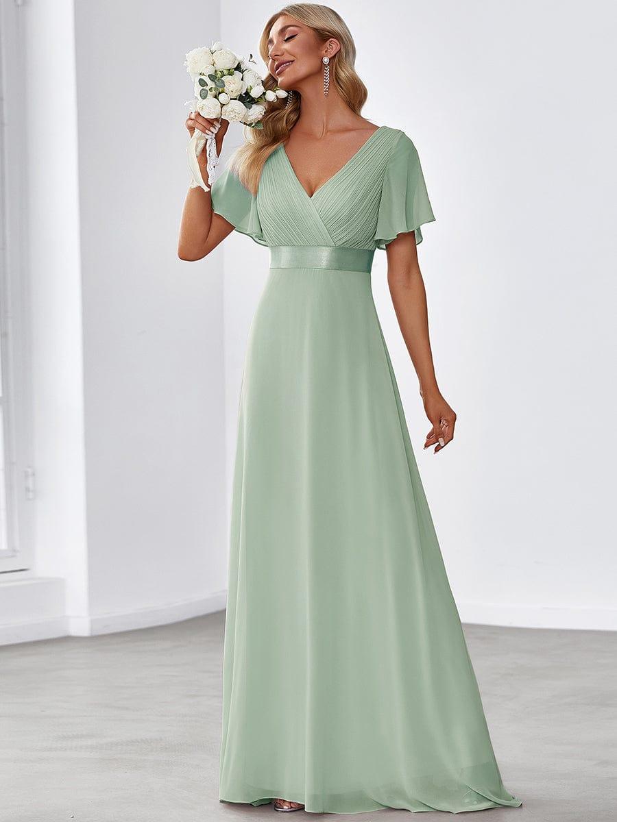 Long Empire Waist Bridesmaid Dress with Short Flutter Sleeves #color_Mint Green