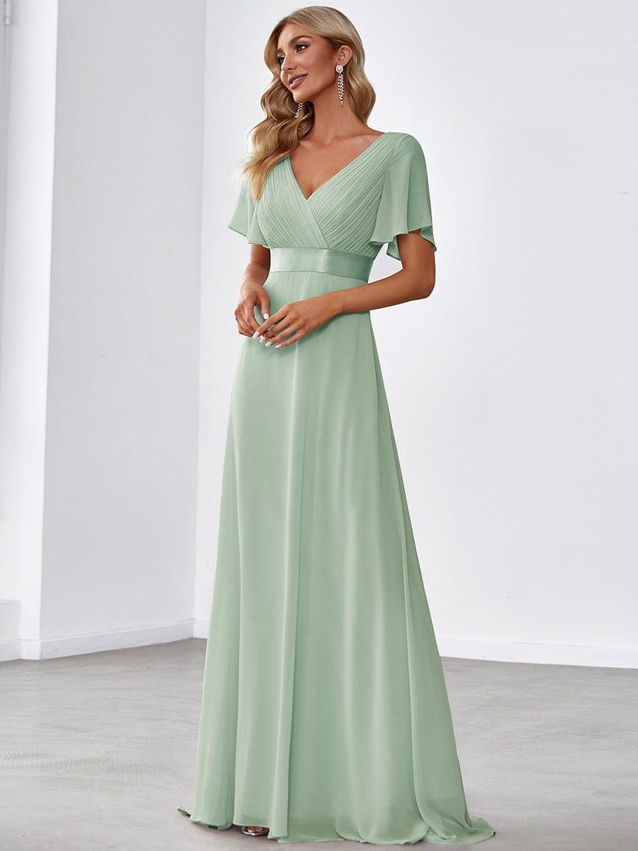 Empire Waist Floor Length Bridesmaid Dress with Short Flutter Sleeves #color_Mint Green