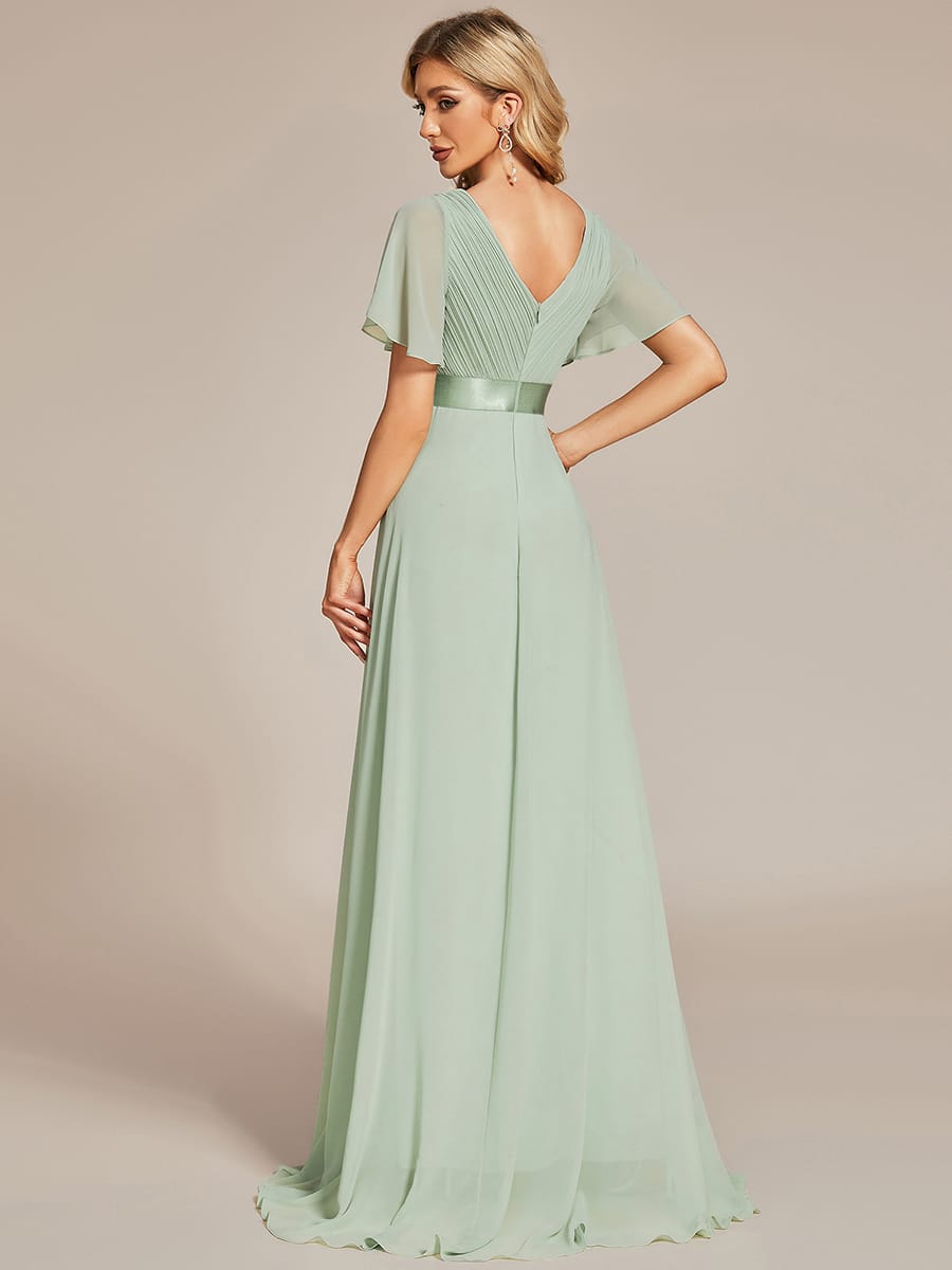 Long Empire Waist Bridesmaid Dress with Short Flutter Sleeves #color_Mint Green