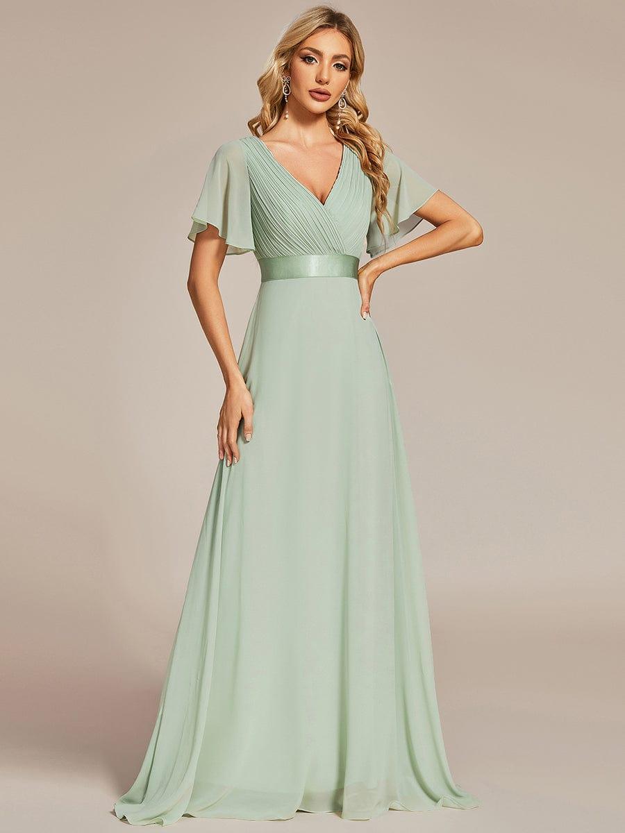 Long Empire Waist Bridesmaid Dress with Short Flutter Sleeves #color_Mint Green