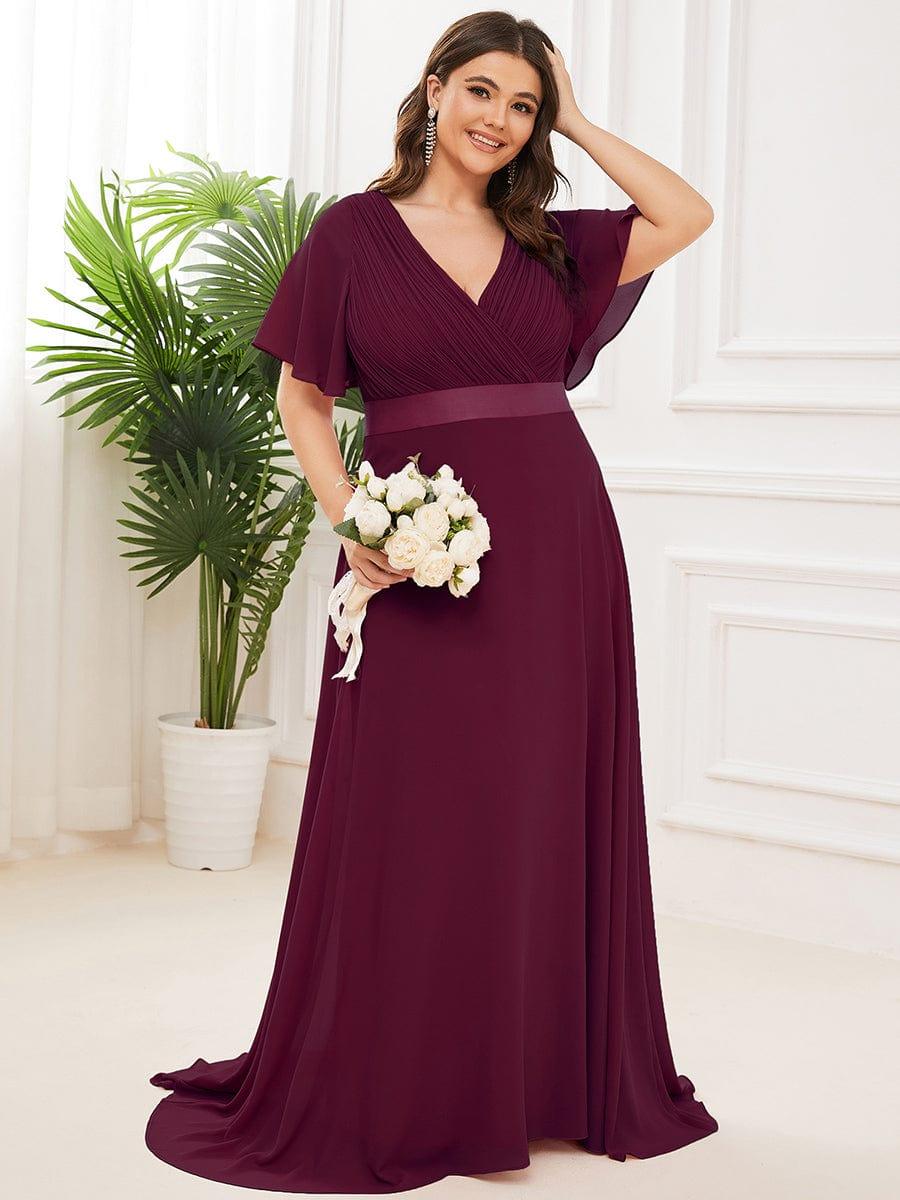 Plus Size Long Empire Waist Bridesmaid Dress with Short Flutter Sleeves #color_Mulberry