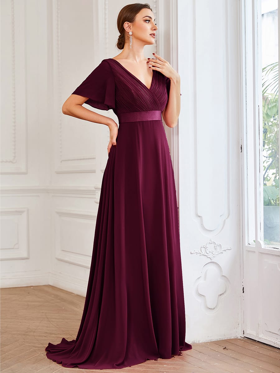High Waist Short Sleeves Bridesmaid Dress #color_Mulberry