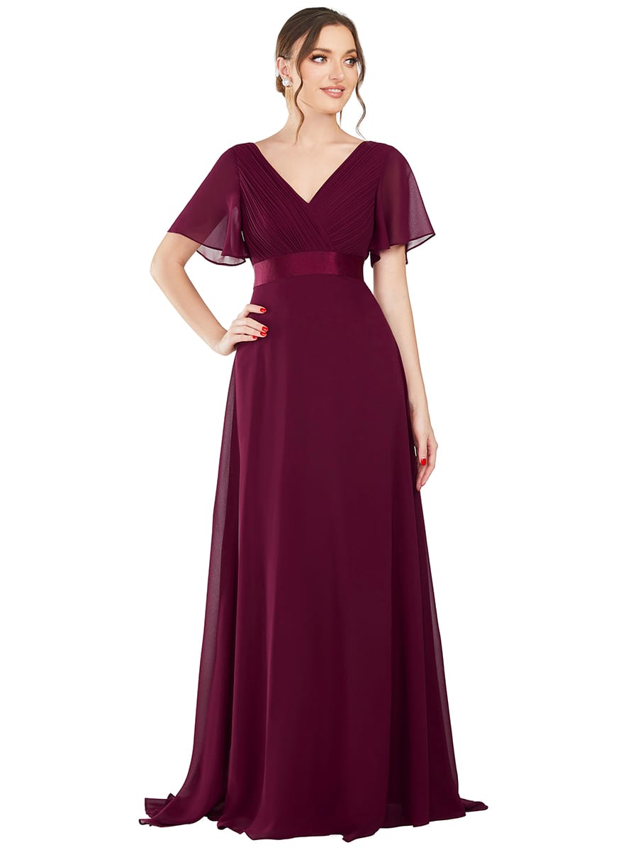 High Waist Short Sleeves Bridesmaid Dress #color_Mulberry