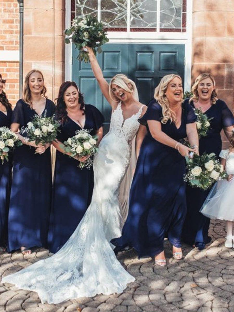 Long Empire Waist Bridesmaid Dress with Short Flutter Sleeves #color_Navy Blue