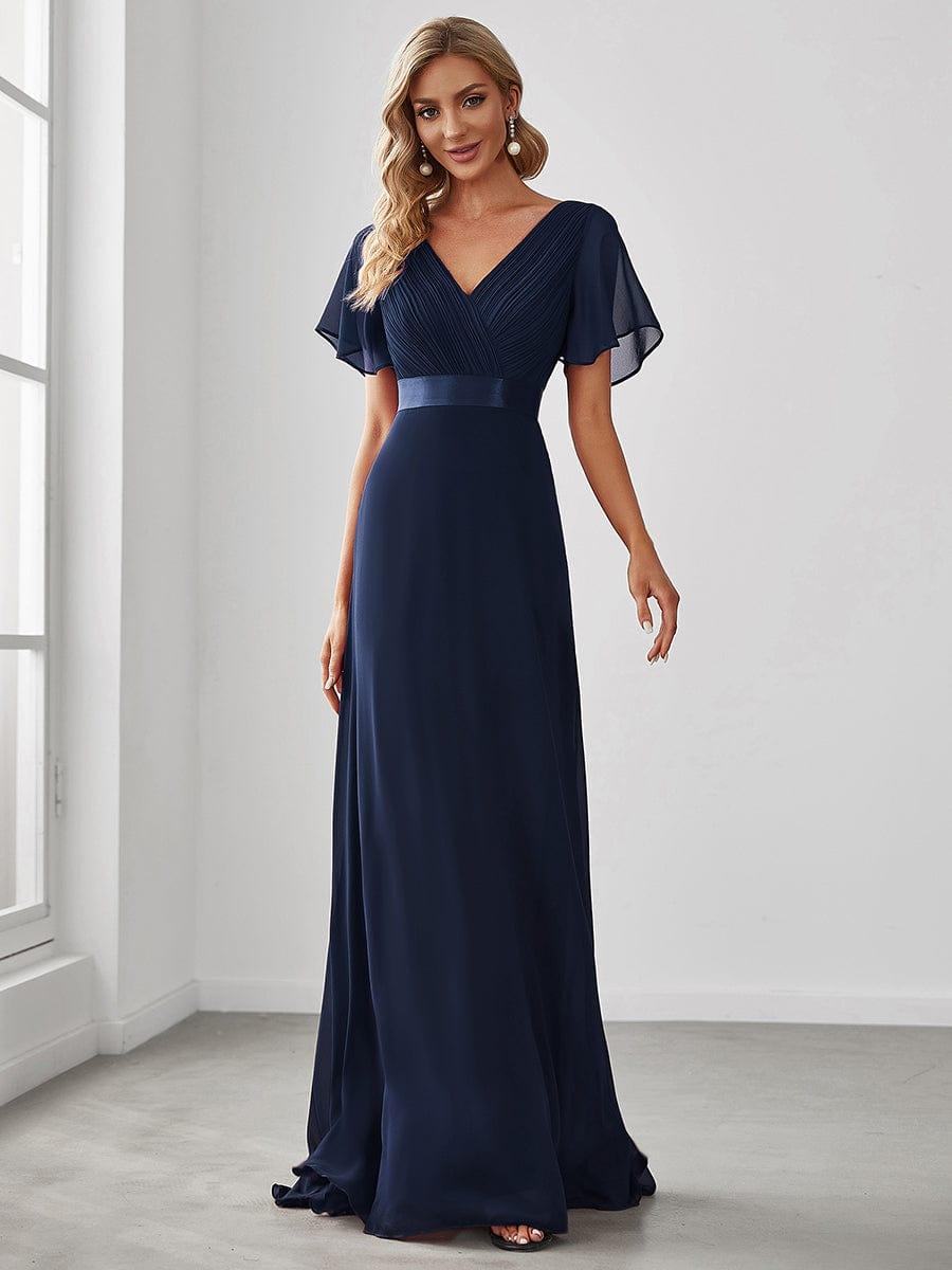 Long Empire Waist Bridesmaid Dress with Short Flutter Sleeves #color_Navy Blue