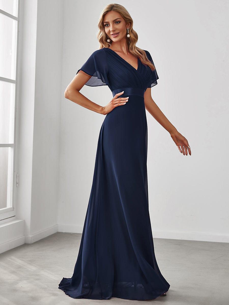 Empire Waist Floor Length Bridesmaid Dress with Short Flutter Sleeves #color_Navy Blue