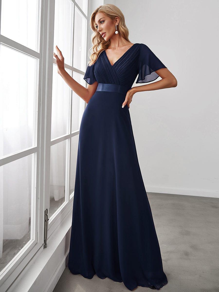 Long Empire Waist Bridesmaid Dress with Short Flutter Sleeves #color_Navy Blue