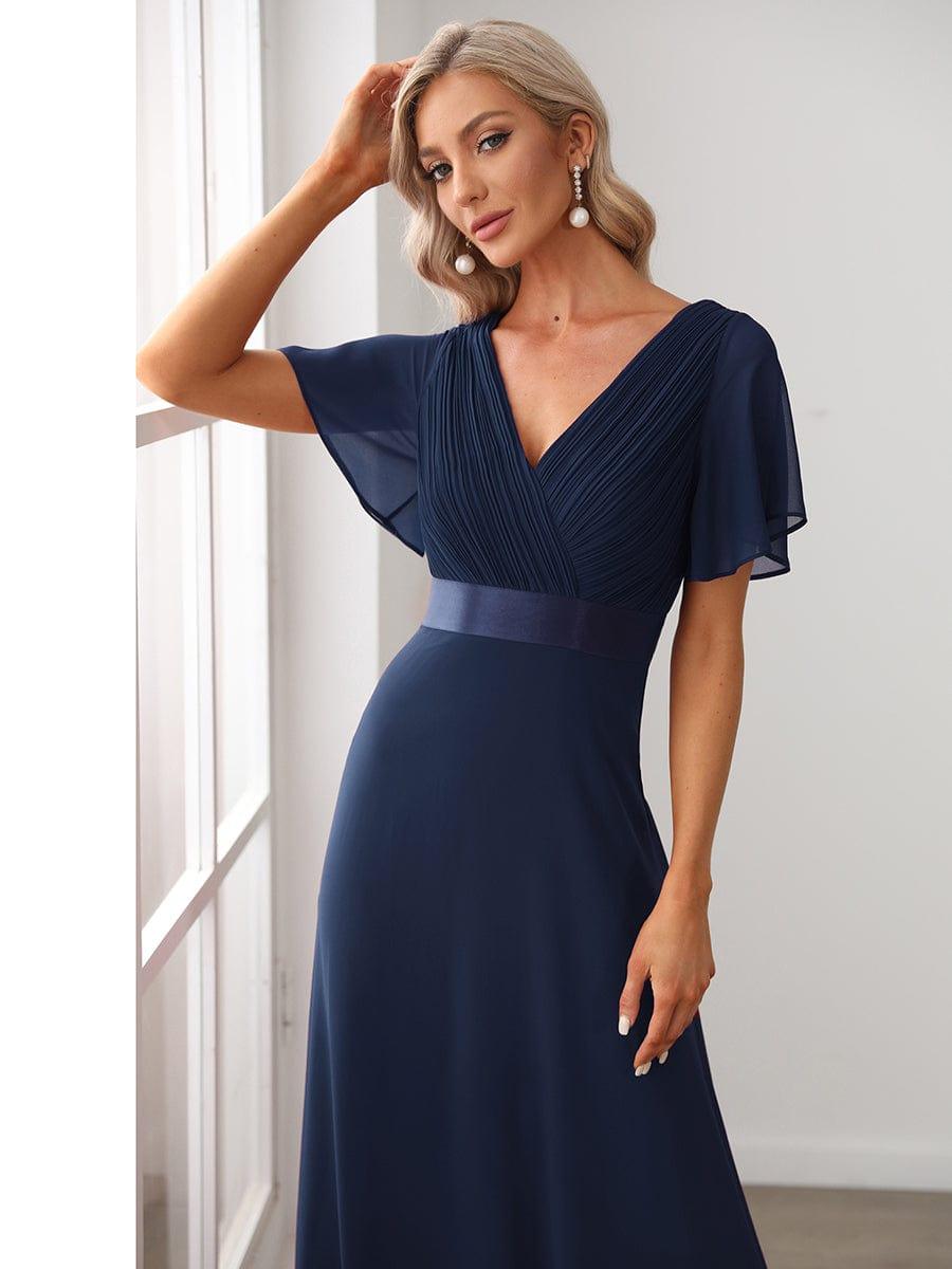 Long Empire Waist Bridesmaid Dress with Short Flutter Sleeves #color_Navy Blue