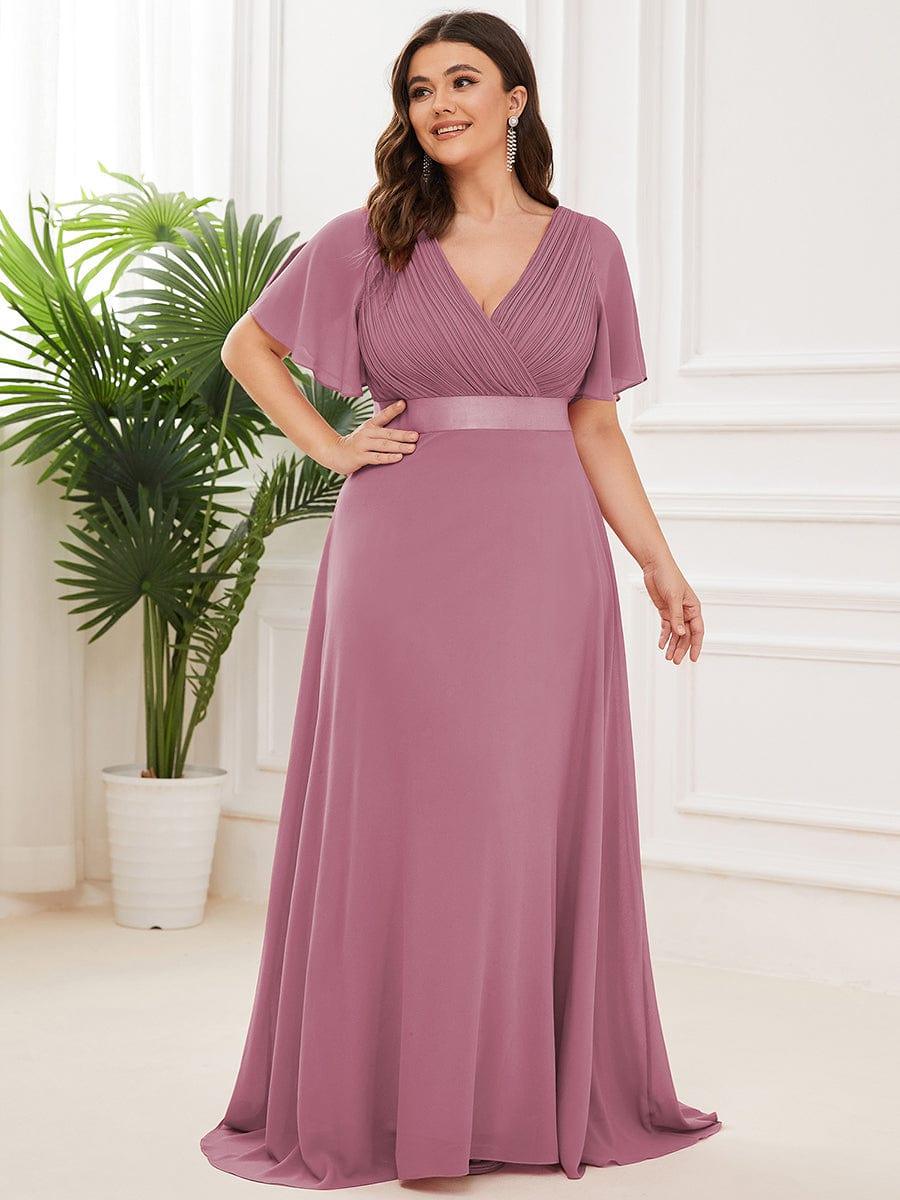 Plus Size Long Empire Waist Bridesmaid Dress with Short Flutter Sleeves #color_Purple Orchid