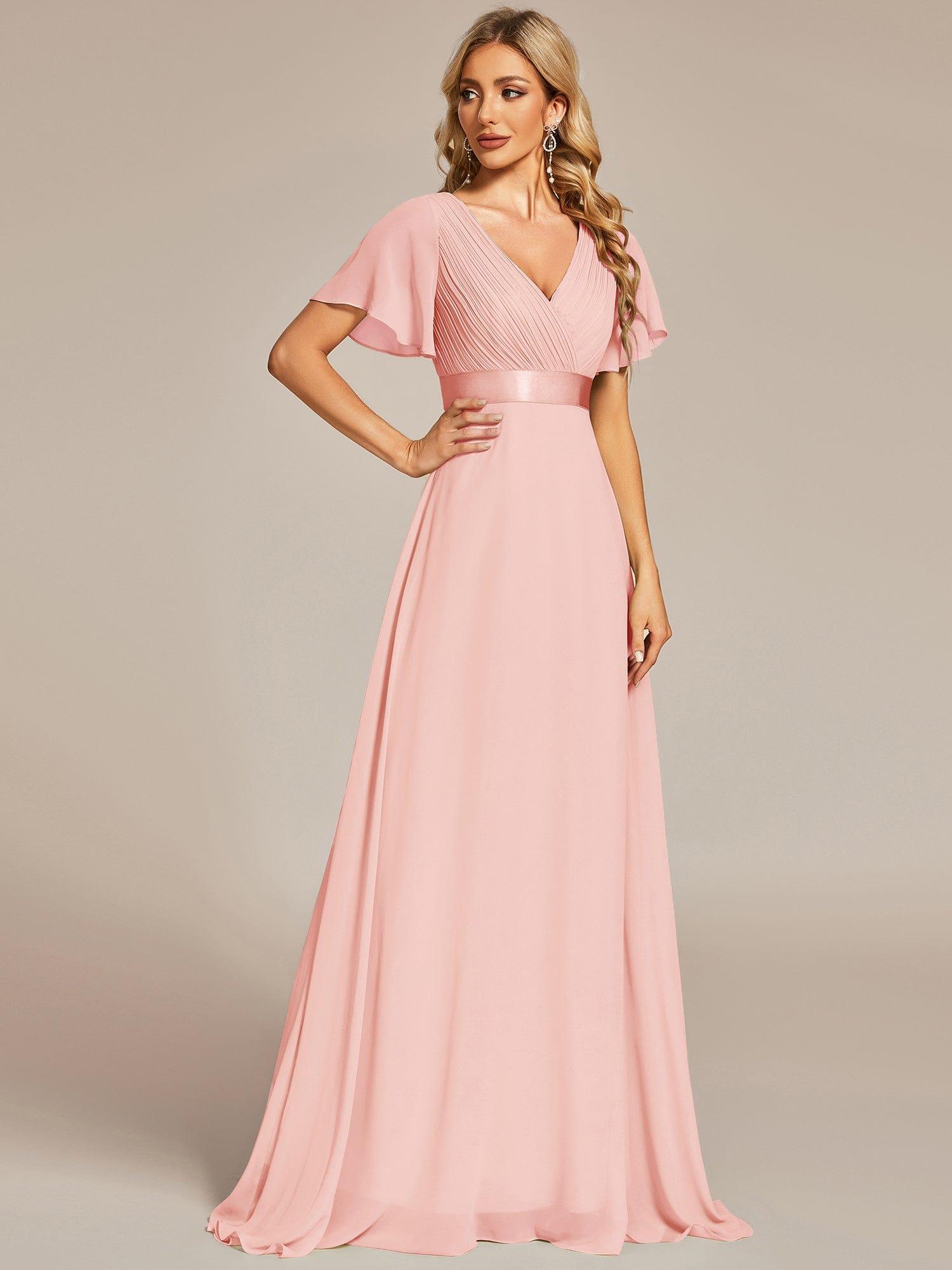Long Empire Waist Bridesmaid Dress with Short Flutter Sleeves #color_Pink