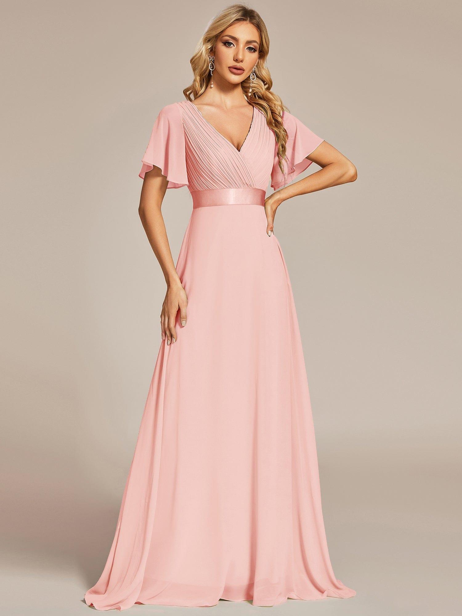 Long Empire Waist Bridesmaid Dress with Short Flutter Sleeves #color_Pink