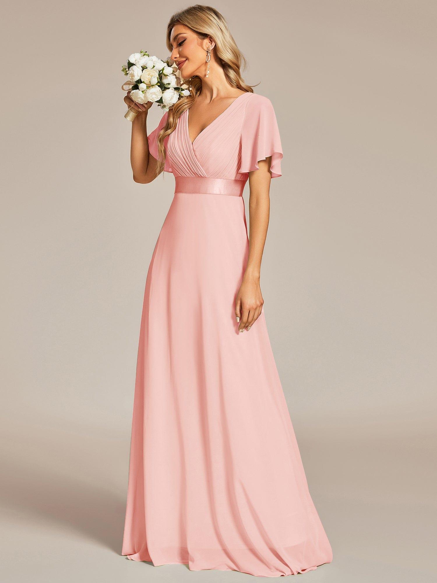 Empire Waist Floor Length Bridesmaid Dress with Short Flutter Sleeves #color_Pink