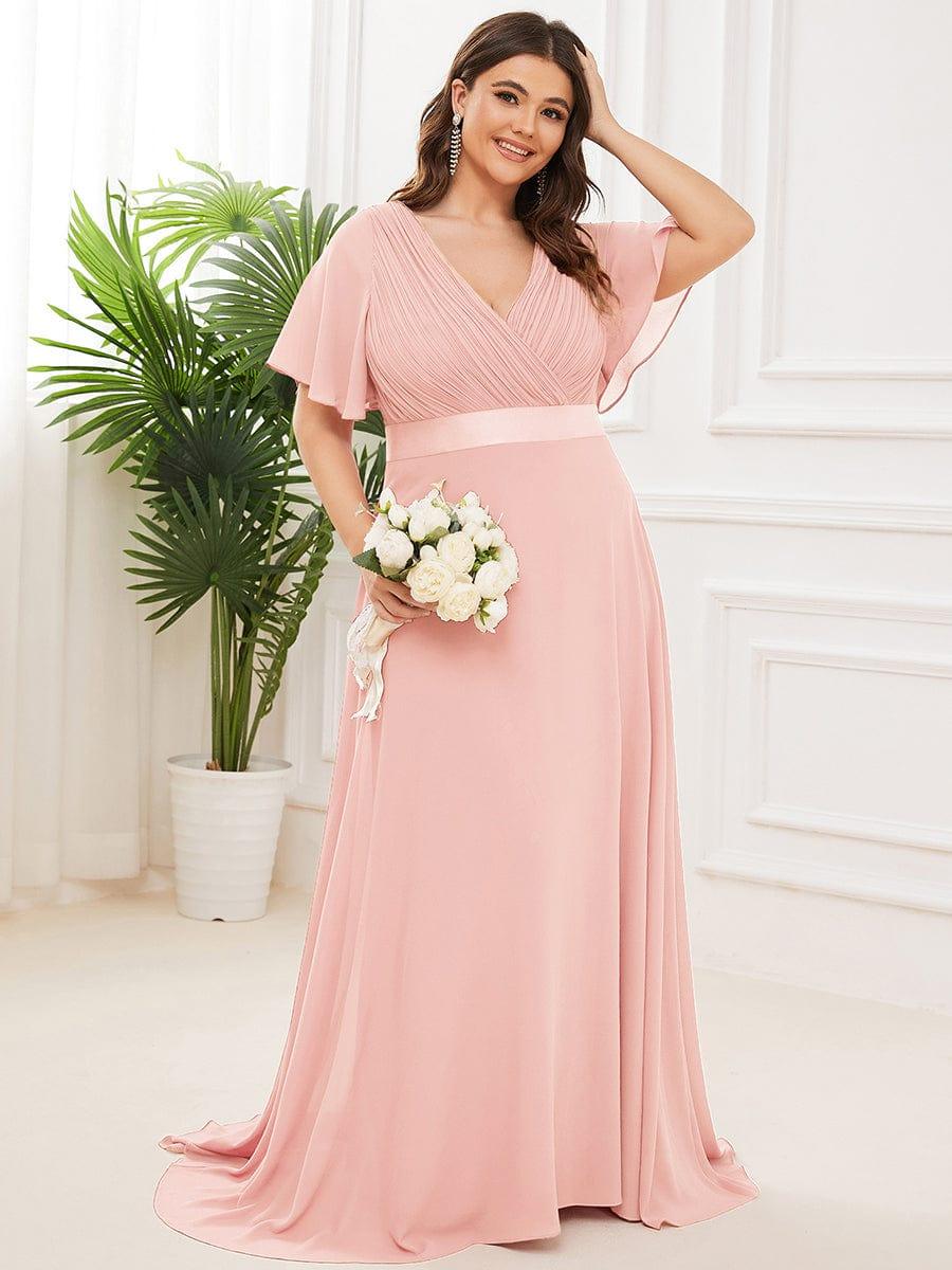 Empire Waist Floor Length Bridesmaid Dress with Short Flutter Sleeves #color_Pink