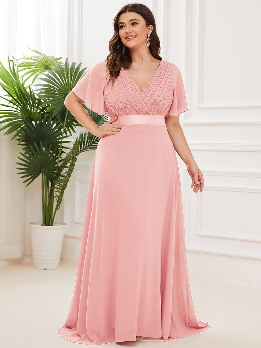Plus Size Long Empire Waist Bridesmaid Dress with Short Flutter Sleeves #color_Pink