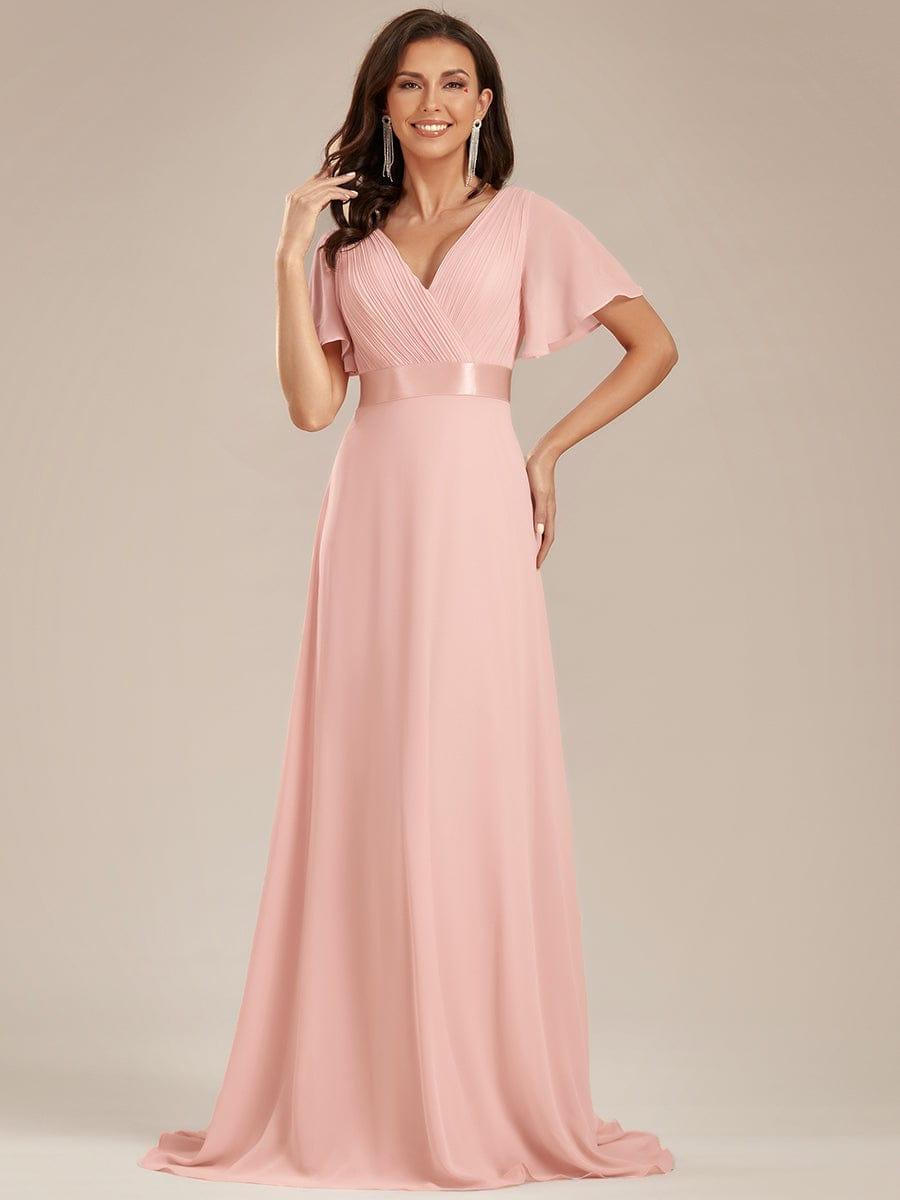 Long Empire Waist Bridesmaid Dress with Short Flutter Sleeves #color_Pink