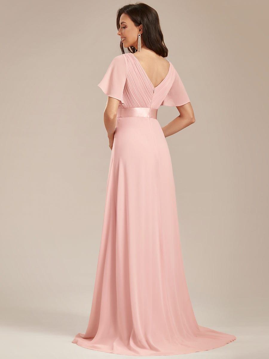 Long Empire Waist Bridesmaid Dress with Short Flutter Sleeves #color_Pink