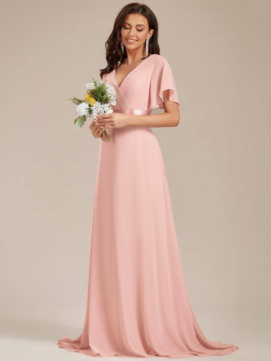 Long Empire Waist Bridesmaid Dress with Short Flutter Sleeves #color_Pink
