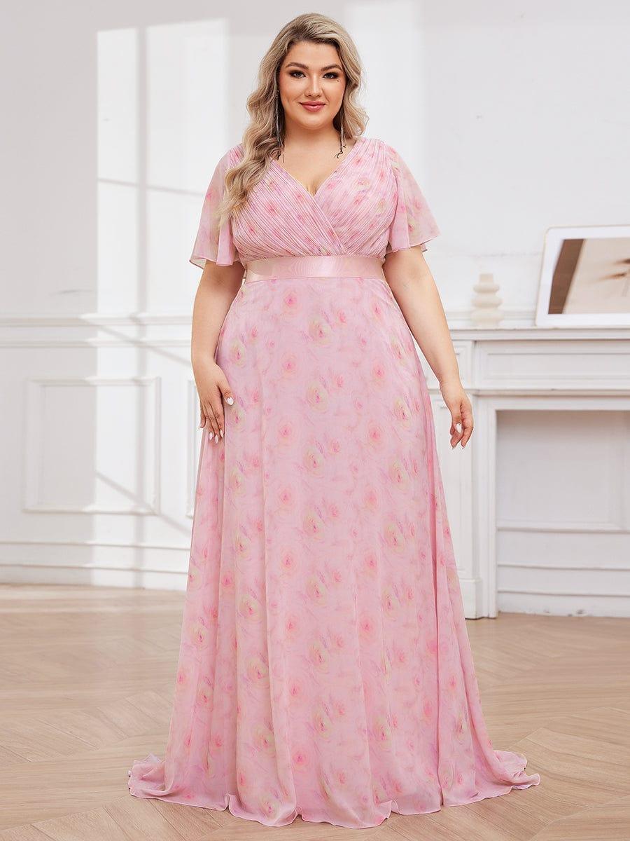 Plus Size Long Empire Waist Bridesmaid Dress with Short Flutter Sleeves #color_Light Purple Roses