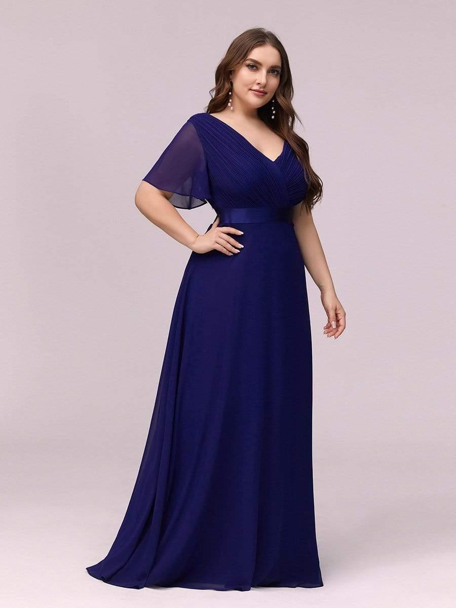 Plus Size Long Empire Waist Bridesmaid Dress with Short Flutter Sleeves #color_Royal Blue