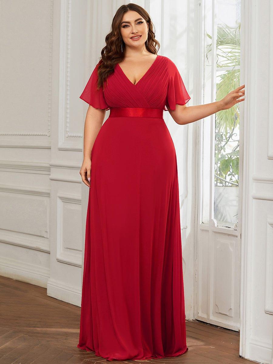Plus Size Long Empire Waist Bridesmaid Dress with Short Flutter Sleeves #color_Red