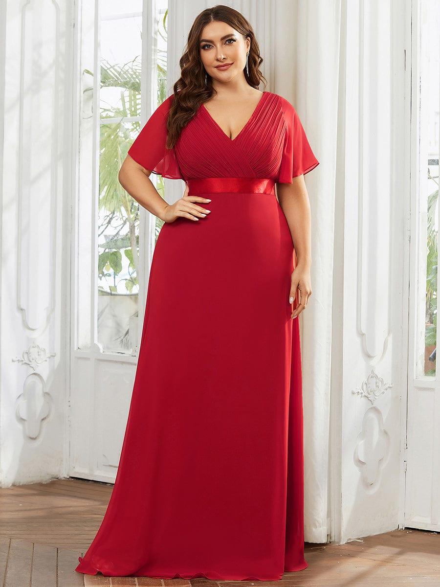 Plus Size Long Empire Waist Bridesmaid Dress with Short Flutter Sleeves #color_Red