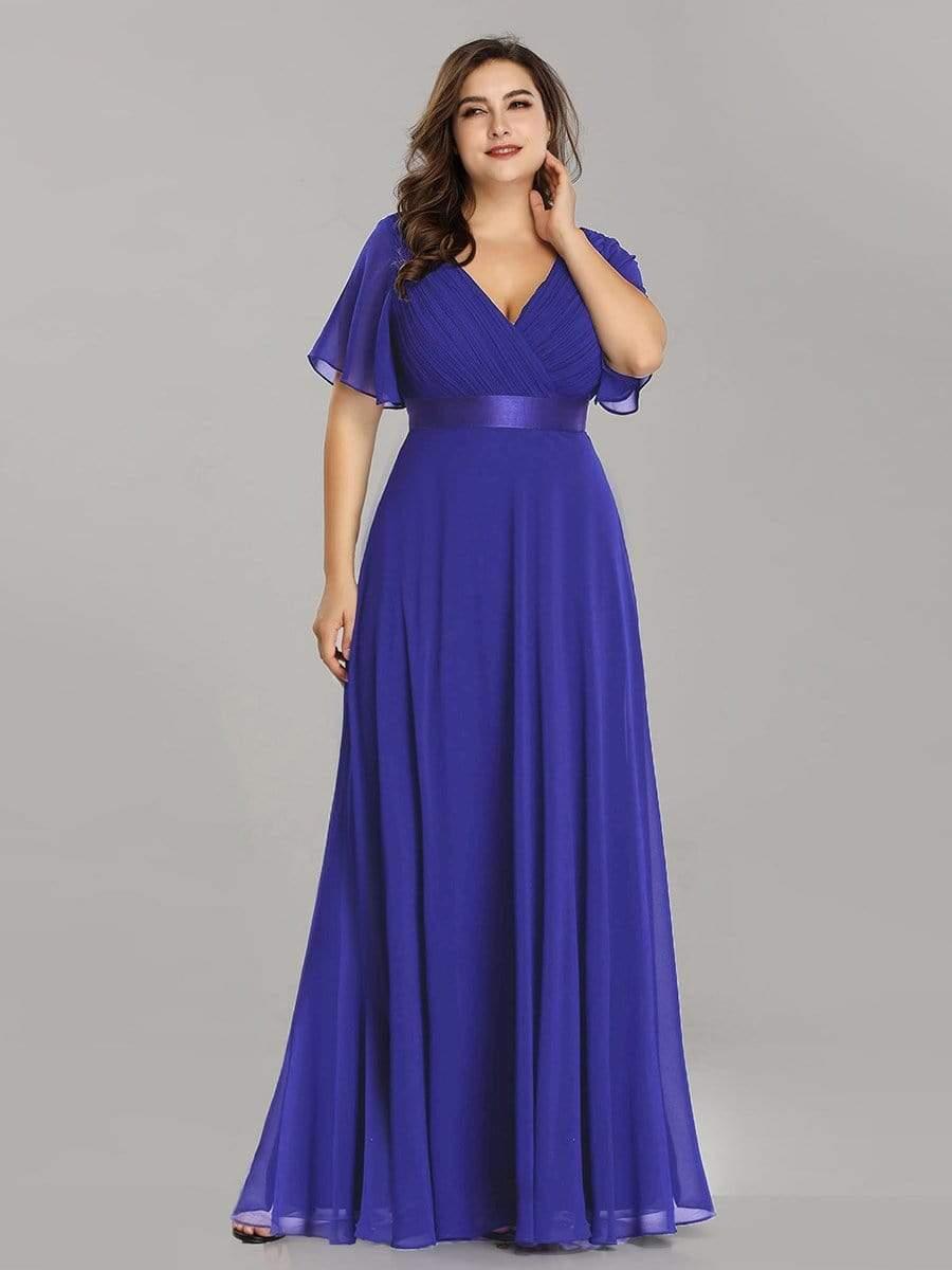 Plus Size Long Empire Waist Bridesmaid Dress with Short Flutter Sleeves #color_Sapphire Blue