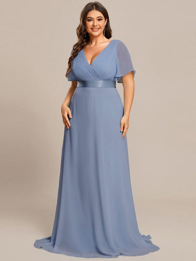 Plus Size Long Empire Waist Bridesmaid Dress with Short Flutter Sleeves #color_Slate Blue