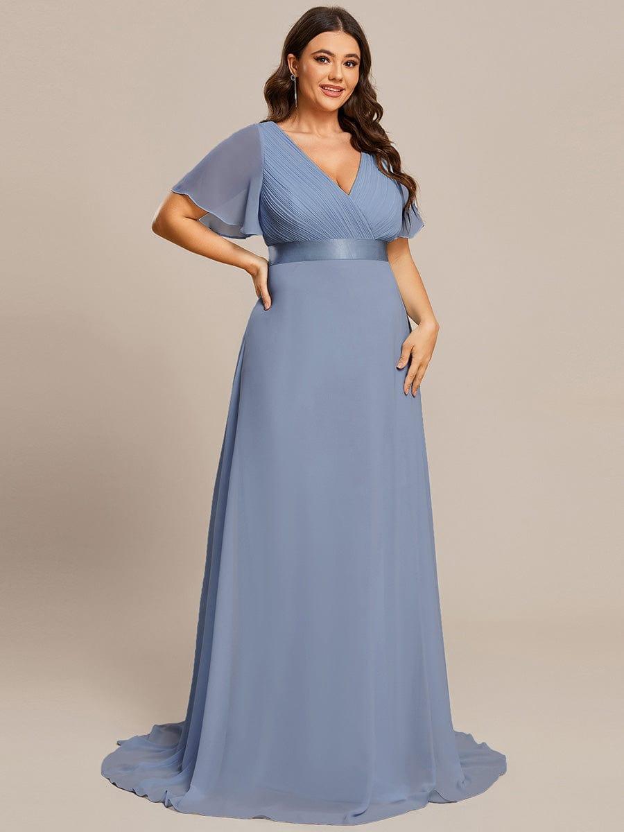 Long Empire Waist Bridesmaid Dress with Short Flutter Sleeves #color_Slate Blue