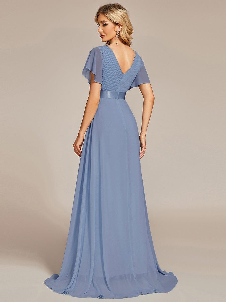 Empire Waist Floor Length Bridesmaid Dress with Short Flutter Sleeves #color_Slate Blue