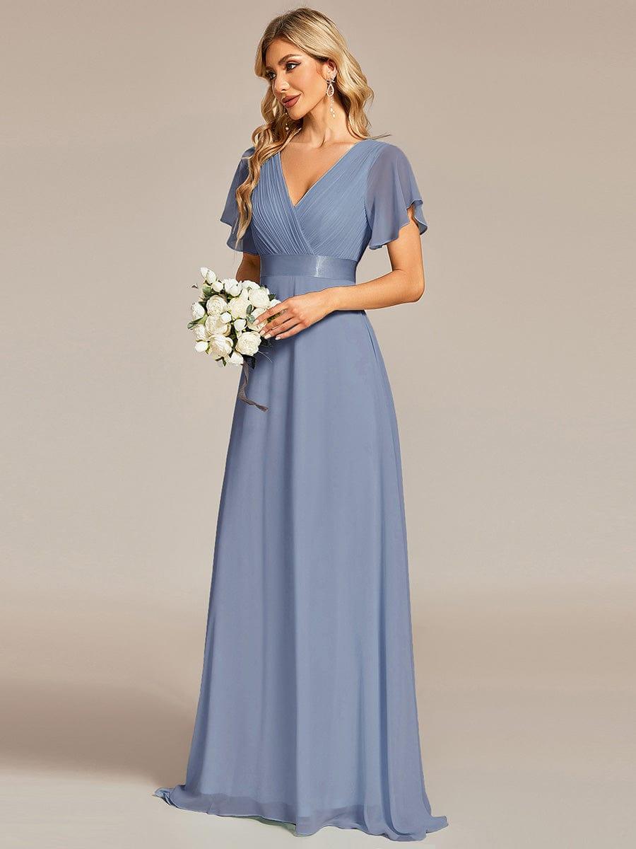 Long Empire Waist Bridesmaid Dress with Short Flutter Sleeves #color_Slate Blue