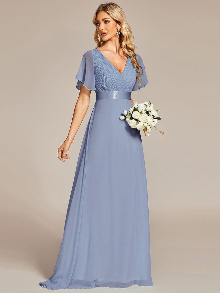 Long Empire Waist Bridesmaid Dress with Short Flutter Sleeves #color_Slate Blue