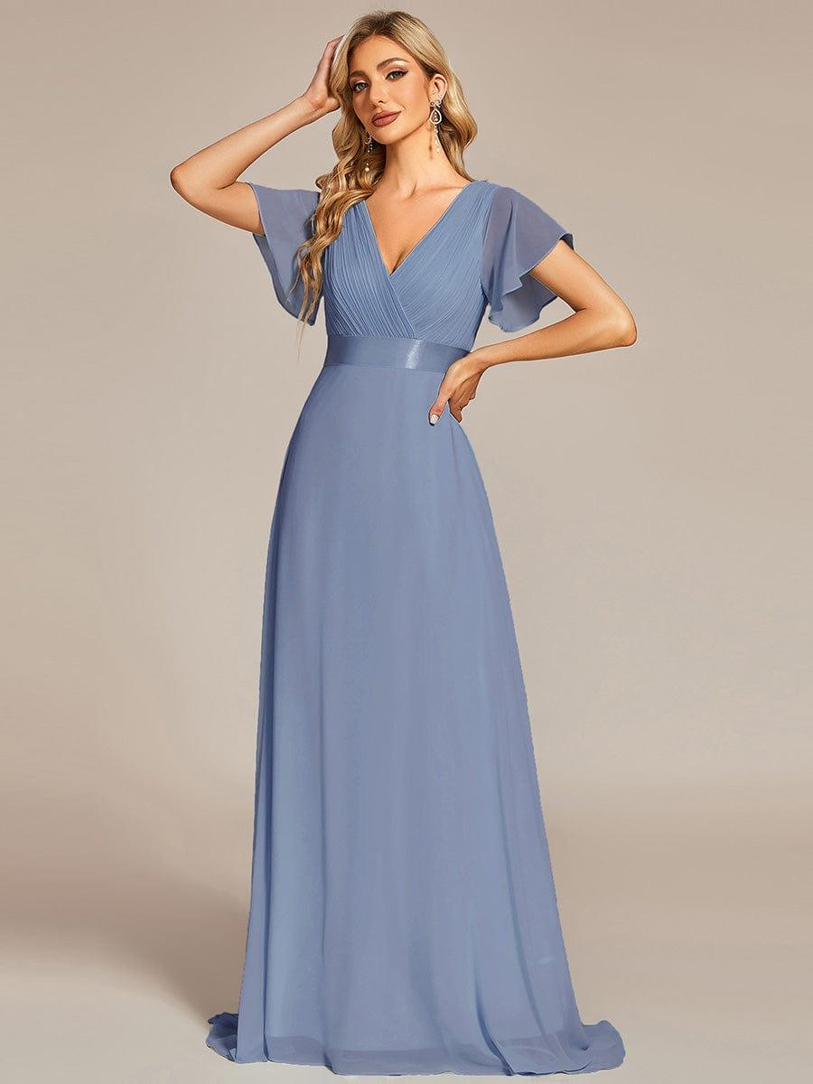 Empire Waist Floor Length Bridesmaid Dress with Short Flutter Sleeves #color_Slate Blue