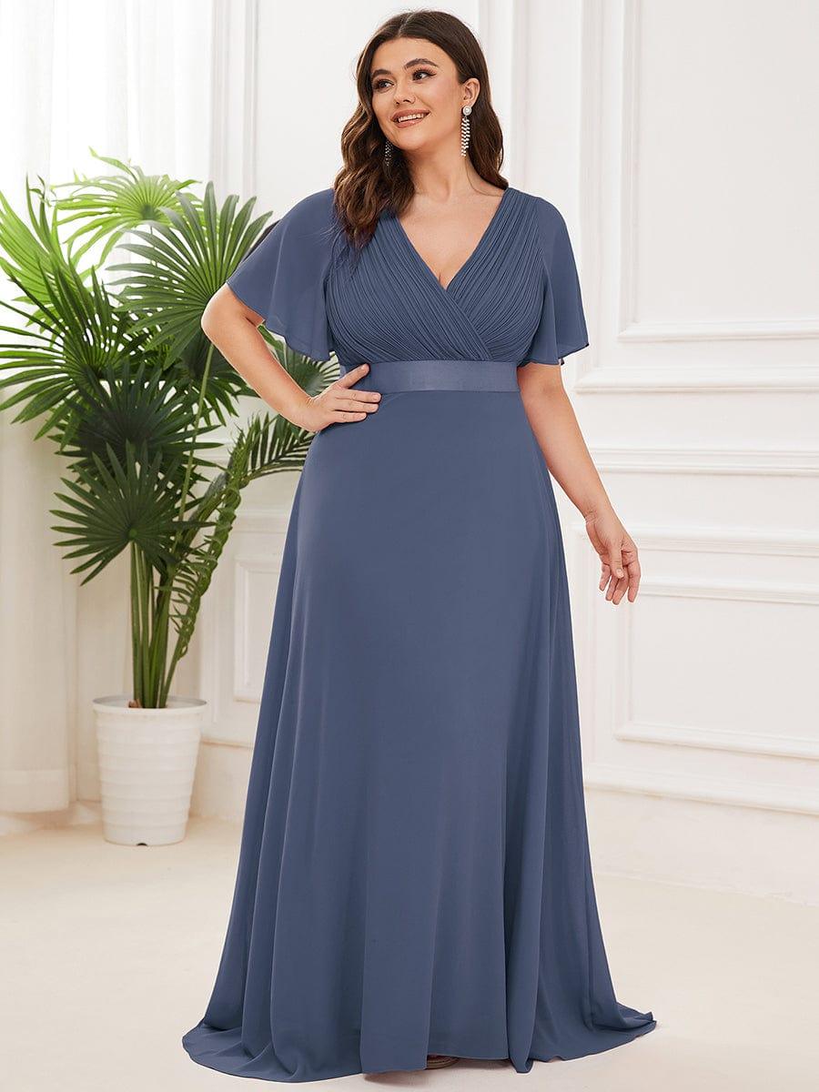 Plus Size Long Empire Waist Bridesmaid Dress with Short Flutter Sleeves #color_Stormy