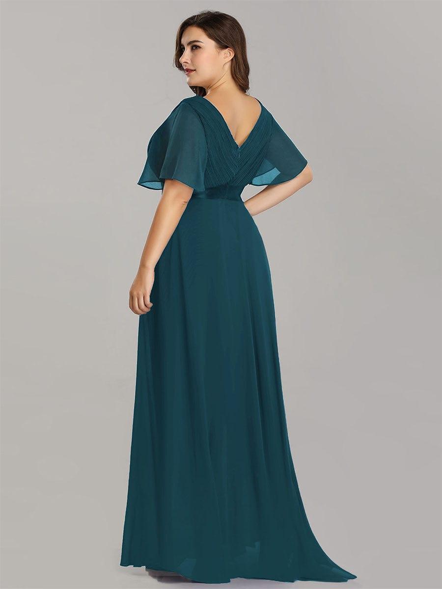 Long Empire Waist Bridesmaid Dress with Short Flutter Sleeves #color_Teal