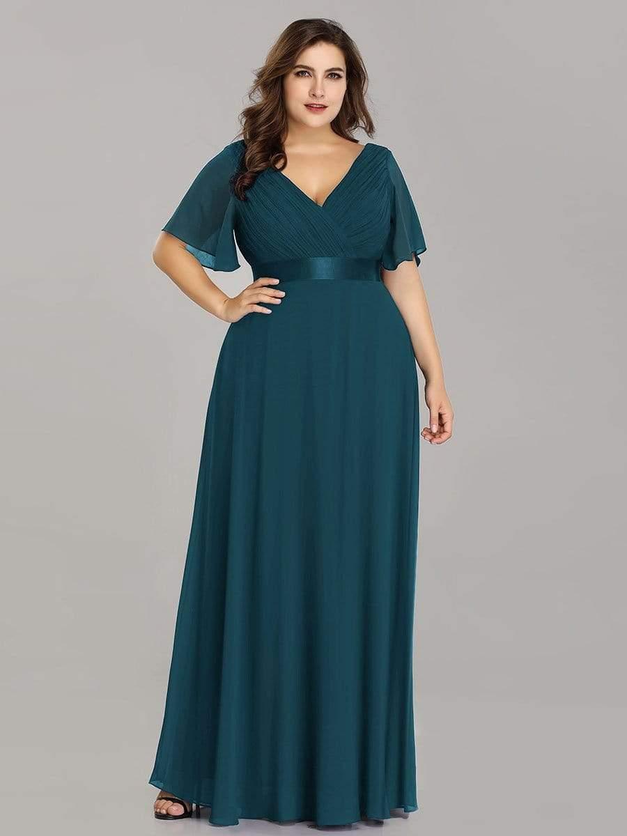 Plus Size Long Empire Waist Bridesmaid Dress with Short Flutter Sleeves #color_Teal