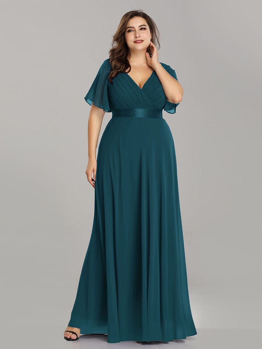 Long Empire Waist Bridesmaid Dress with Short Flutter Sleeves #color_Teal