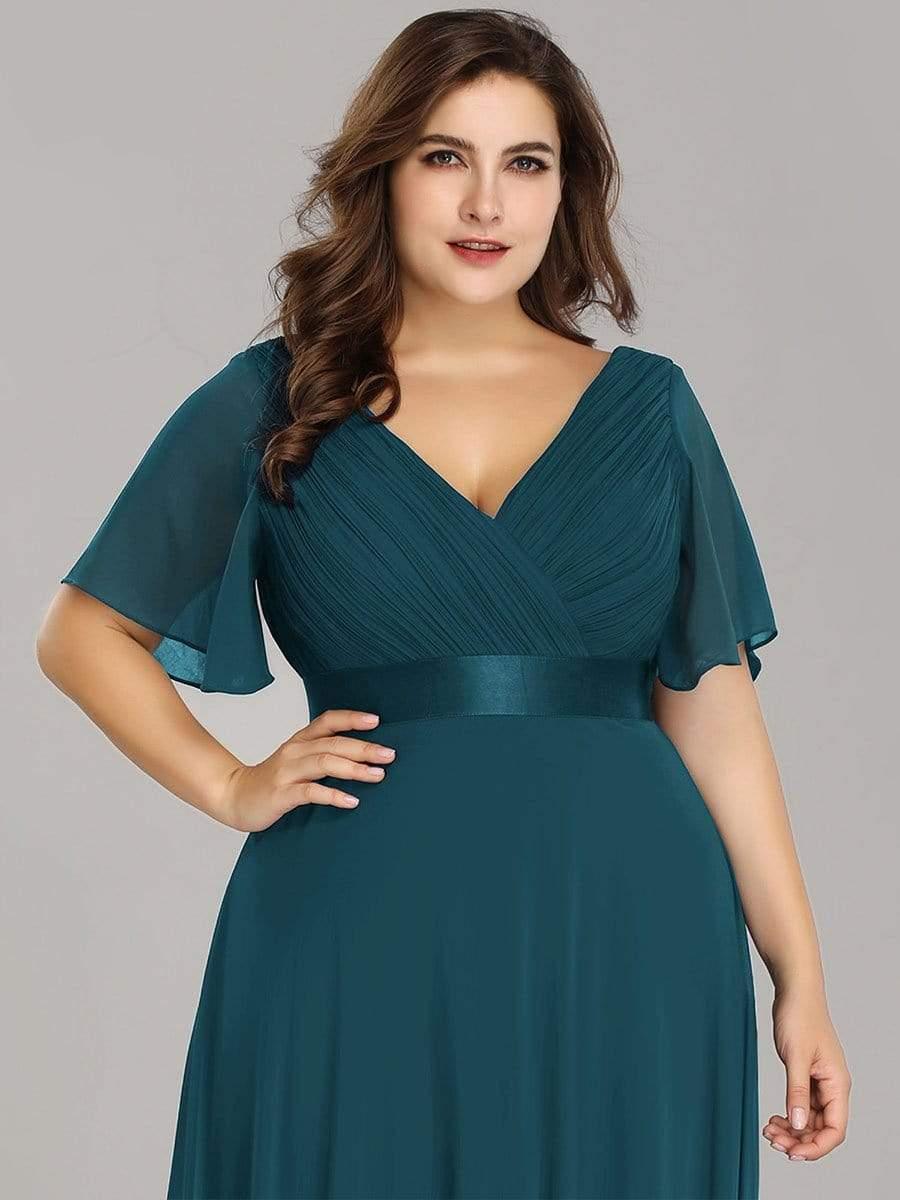 Plus Size Long Empire Waist Bridesmaid Dress with Short Flutter Sleeves #color_Teal