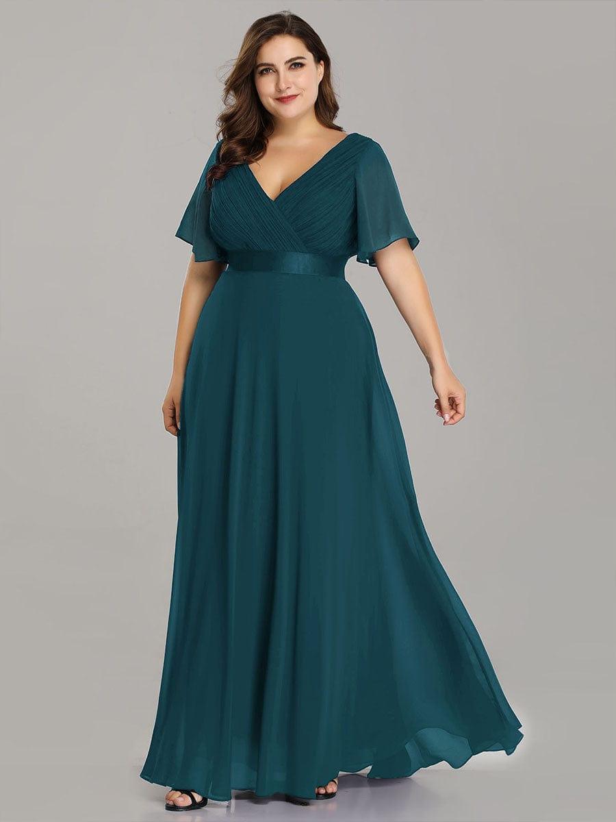 Long Empire Waist Bridesmaid Dress with Short Flutter Sleeves #color_Teal