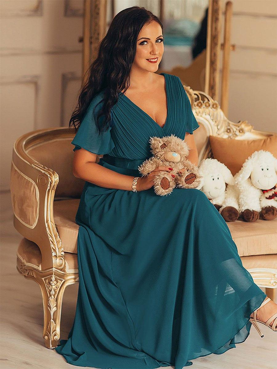 Long Empire Waist Bridesmaid Dress with Short Flutter Sleeves #color_Teal