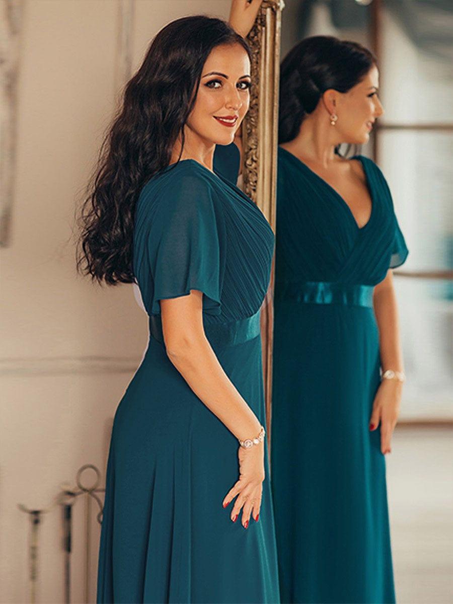 Long Empire Waist Bridesmaid Dress with Short Flutter Sleeves #color_Teal