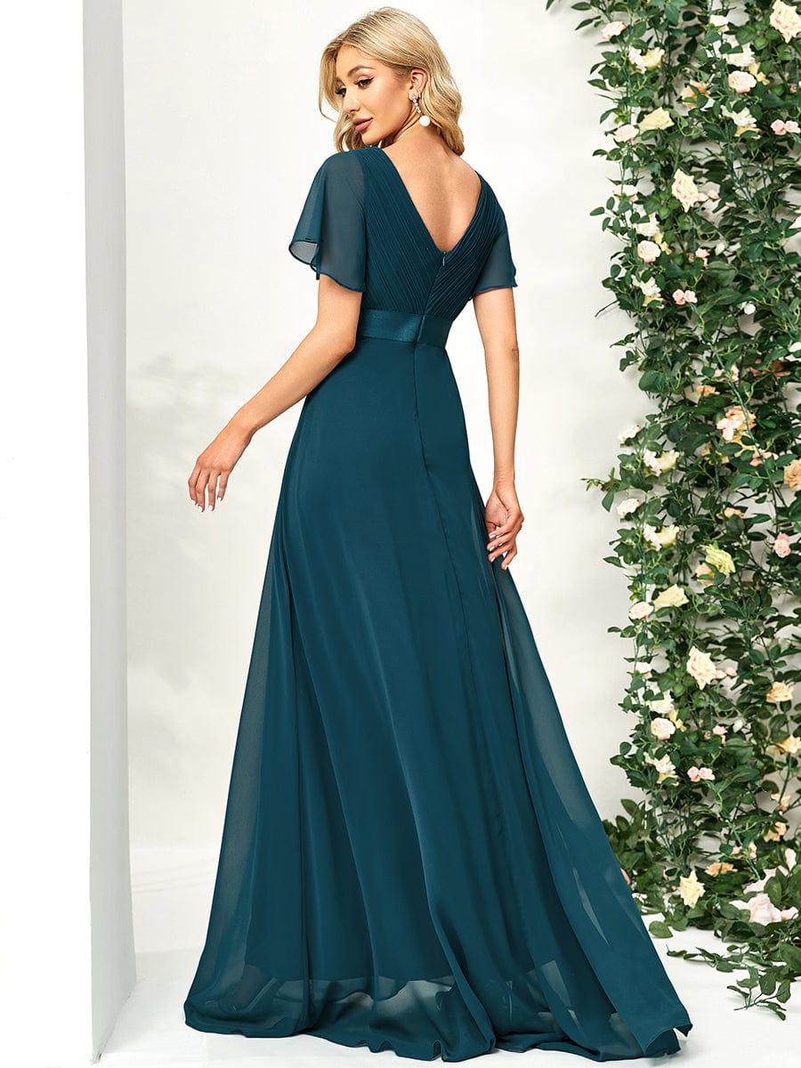 Long Empire Waist Bridesmaid Dress with Short Flutter Sleeves #color_Teal