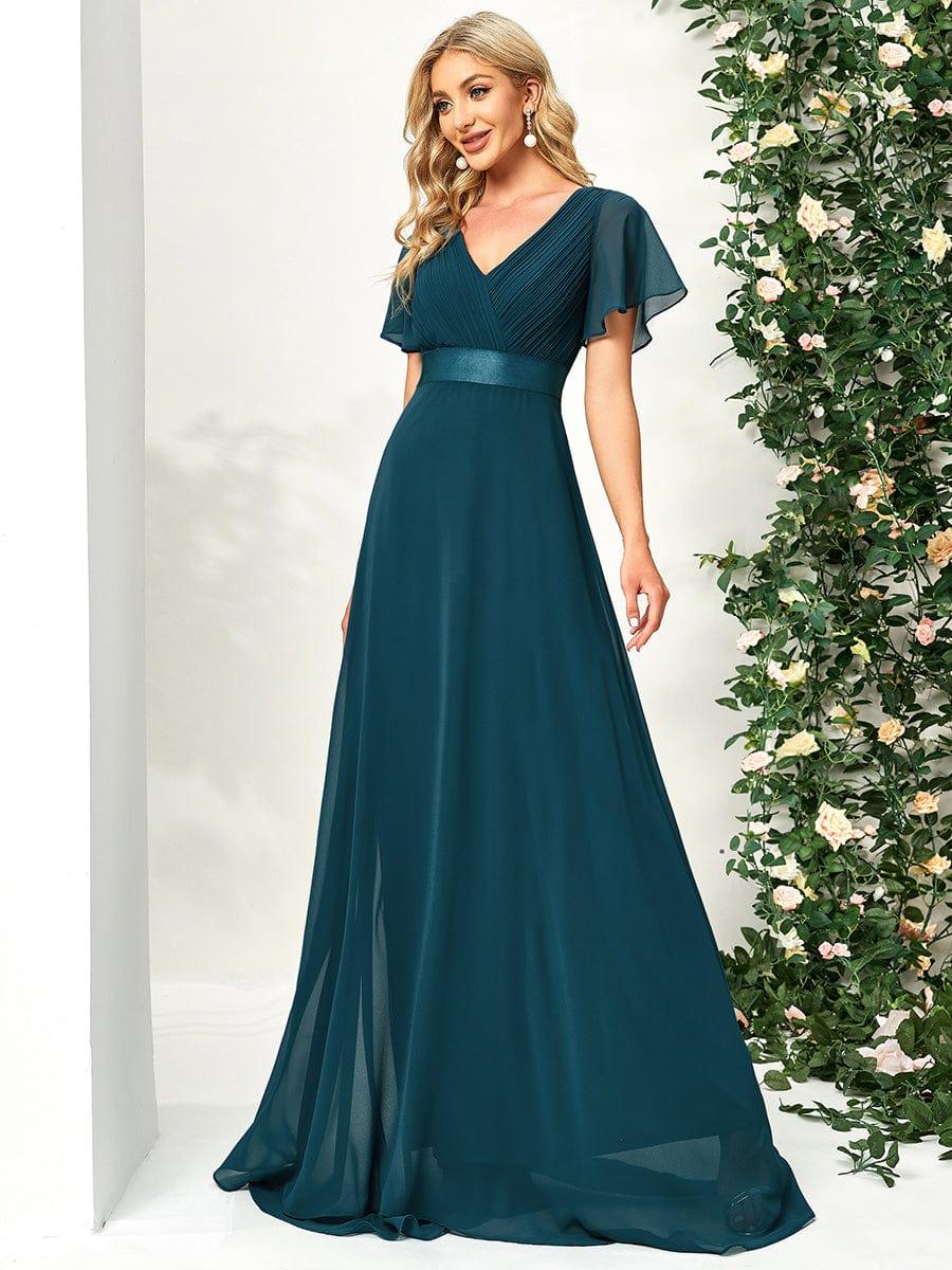 Long Empire Waist Bridesmaid Dress with Short Flutter Sleeves #color_Teal