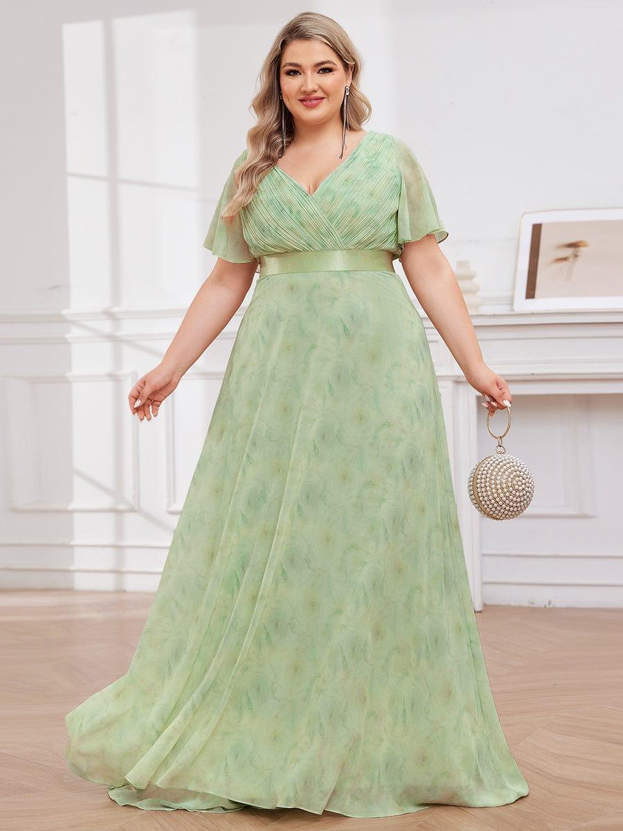 Plus Size Long Empire Waist Bridesmaid Dress with Short Flutter Sleeves #color_Light Green Roses